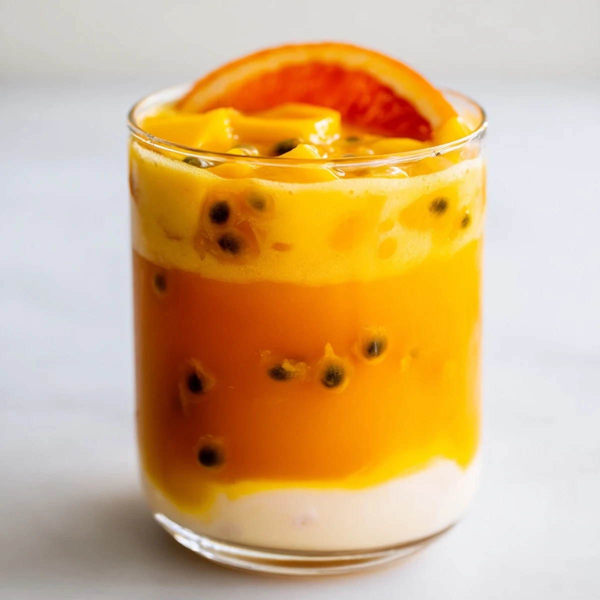 A layered Tropical Sunset Smoothie, vibrant with mango, passion fruit, and orange juice; a refreshing treat.