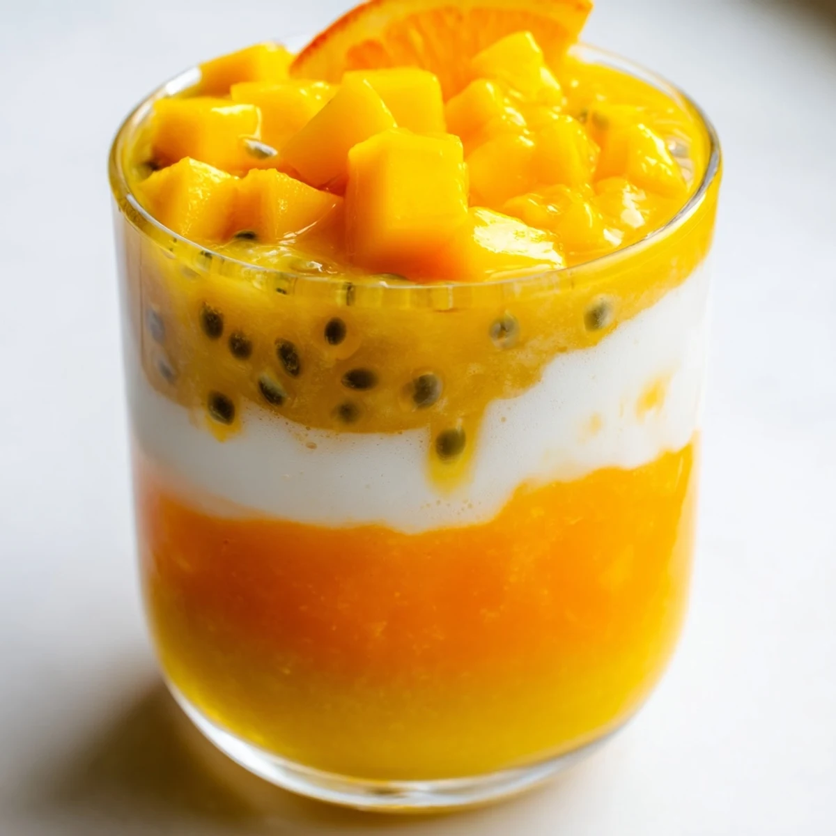 This beautiful Tropical Sunset Smoothie shows layered colors of orange, yellow, and red fruits, perfect for summer.