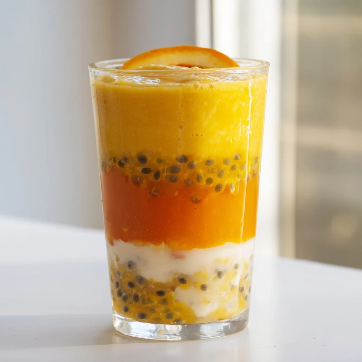 The creamy Tropical Sunset Smoothie features a delicious blend of blended fruit and yogurt, ready to enjoy.