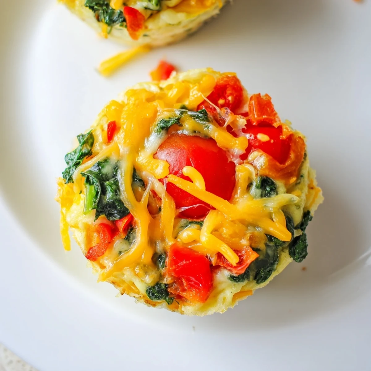 Steaming plate of Customizable Egg Muffins: a healthy breakfast featuring spinach and cheddar cheese filling.