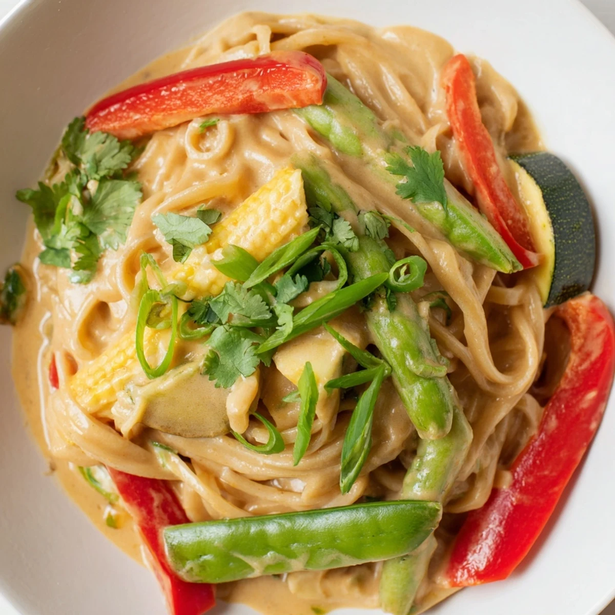 Steaming bowl of Thai Curry Pasta, with colorful vegetables and a creamy, flavorful sauce.