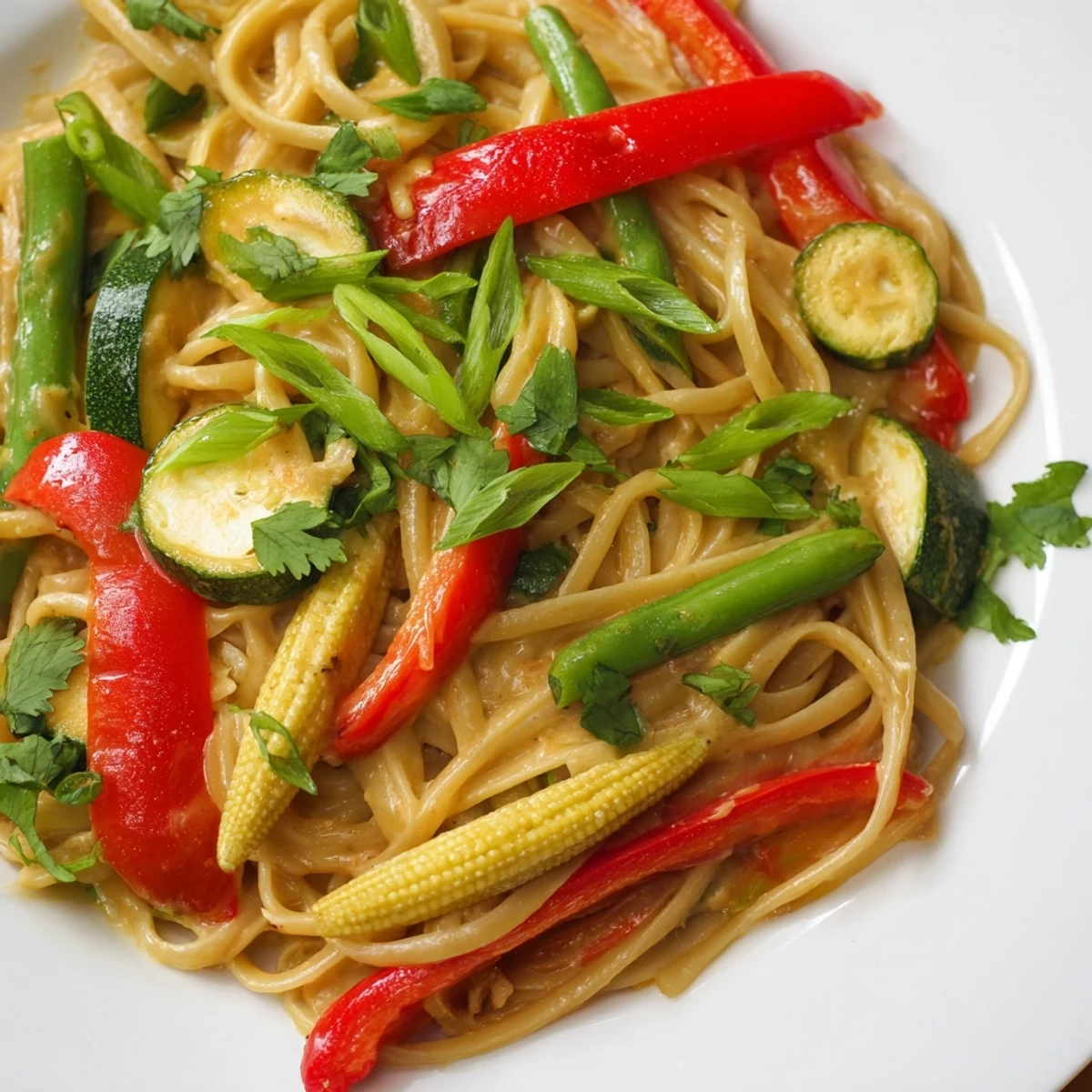 Bright green snap peas and vibrant red peppers in a delicious Thai Curry Pasta dish, ready to enjoy.