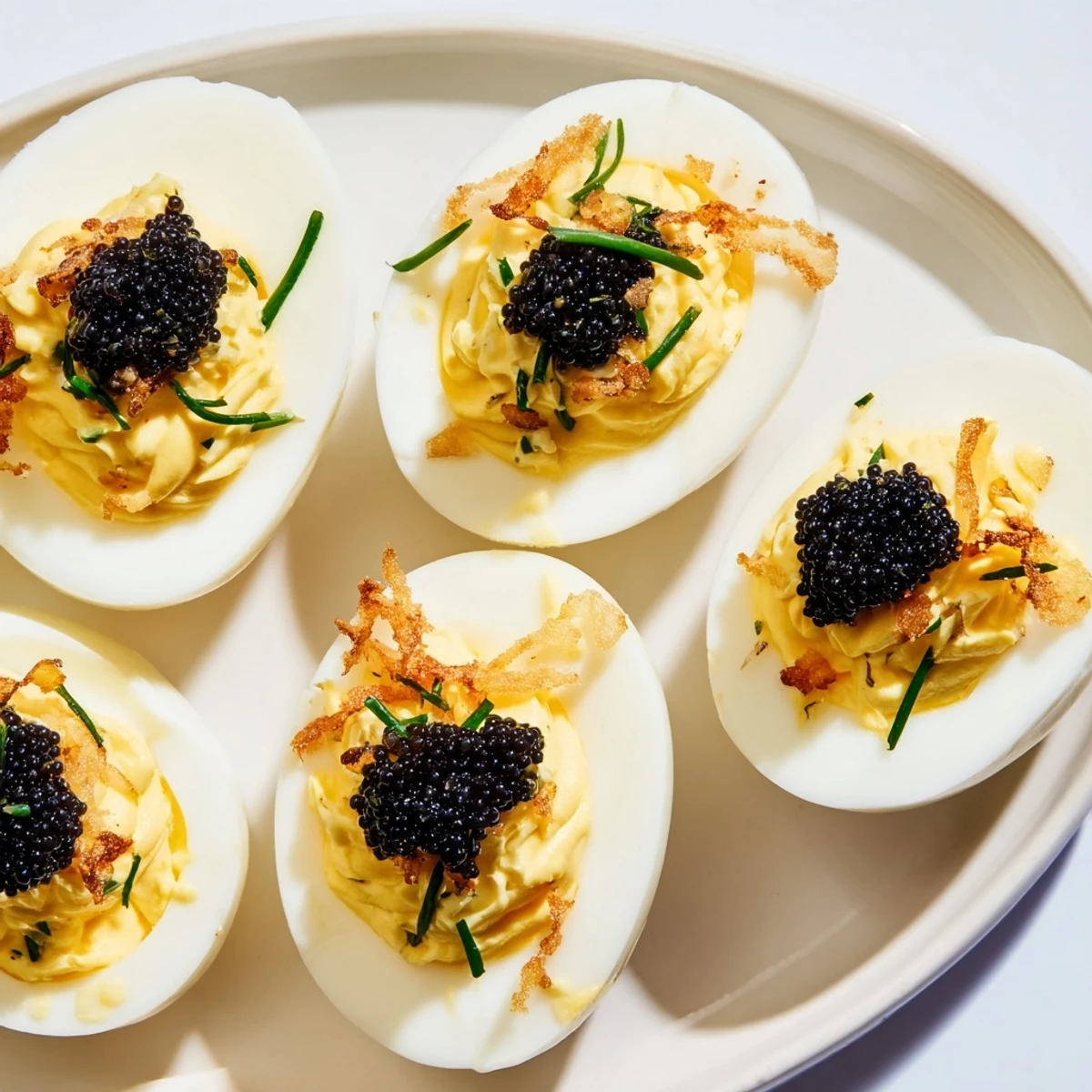 Elegant deviled eggs topped with caviar and crispy shallots, perfect for your next appetizer with friends.