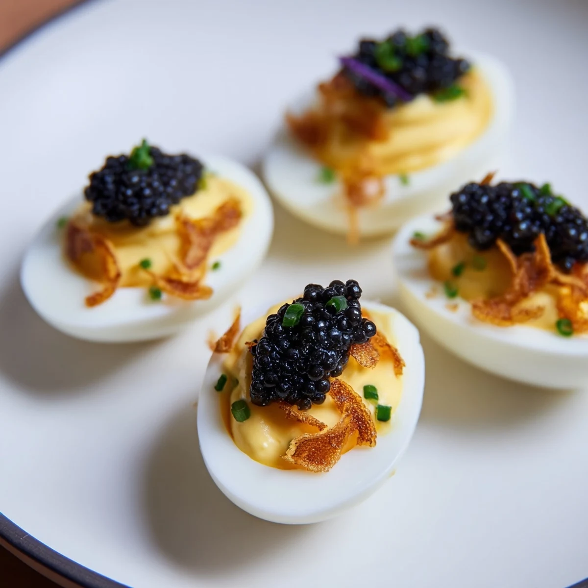Savory deviled eggs with caviar and crispy shallots are an easy, delightful American fusion dish.