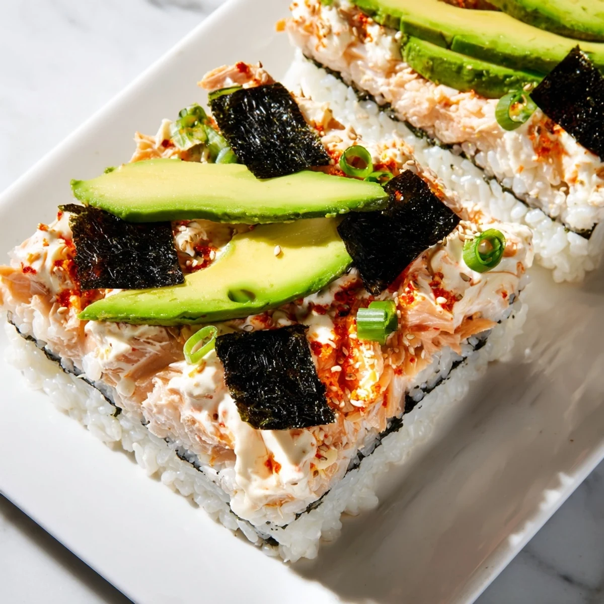 Warm, golden Sushi Bake Casserole, layered with salmon, creamy avocado, and served with soy sauce for dipping.