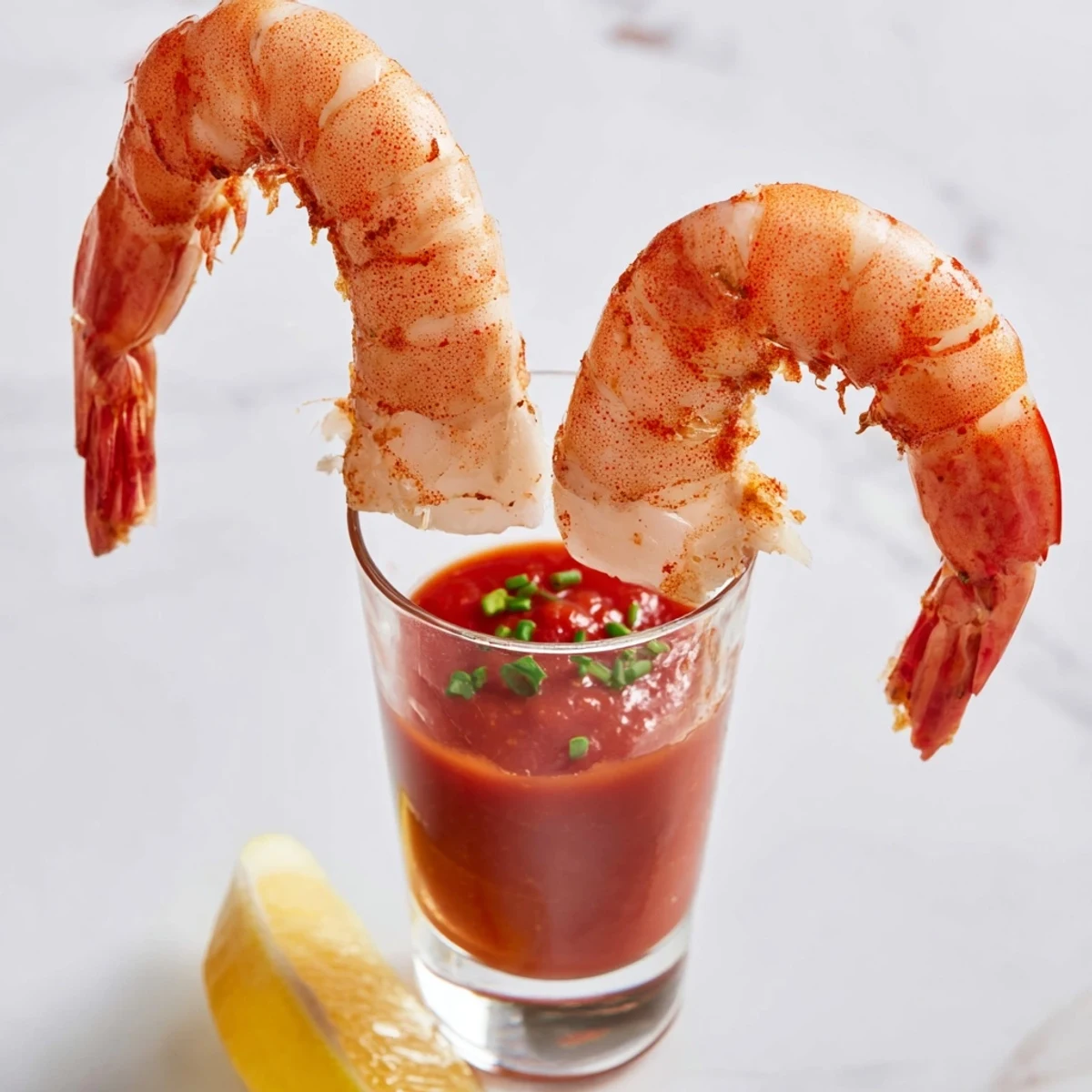 Retro Prawn Cocktail Shooters: Succulent shrimp with tangy sauce, garnished with chives and lemon wedges.
