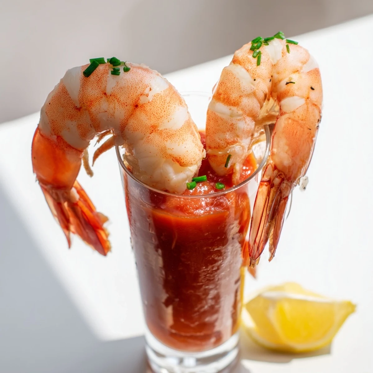 Fresh, pink shrimp in Retro Prawn Cocktail Shooters, elegantly served in shot glasses for perfect bites.
