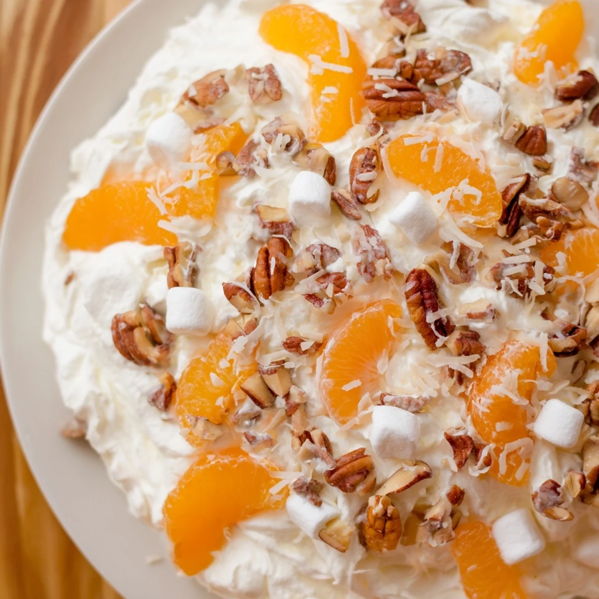 A vibrant bowl of Elevated Ambrosia Salad, showcasing mandarin oranges and toasted pecans.