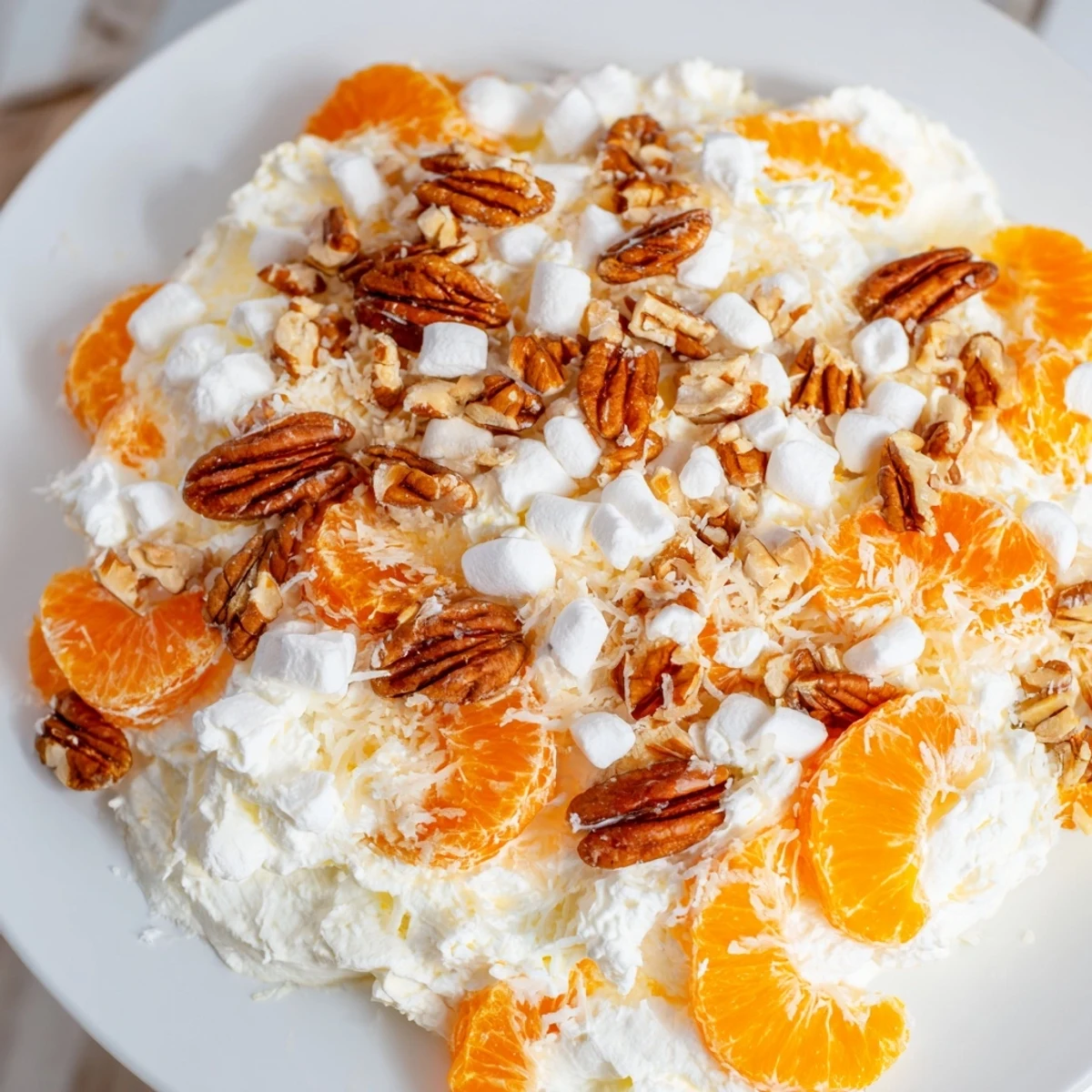 Serve this delightful Elevated Ambrosia Salad cold, a refreshing dessert with creamy whipped cream.