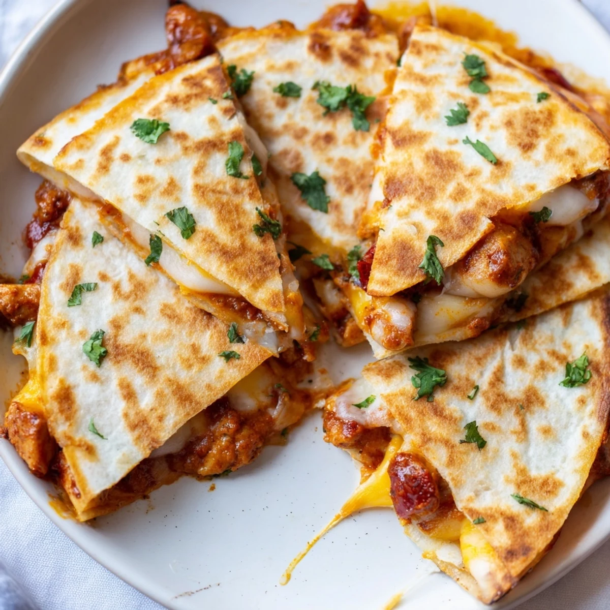 Golden-brown butter chicken quesadillas, oozing with melted cheese and spicy, creamy chicken filling.