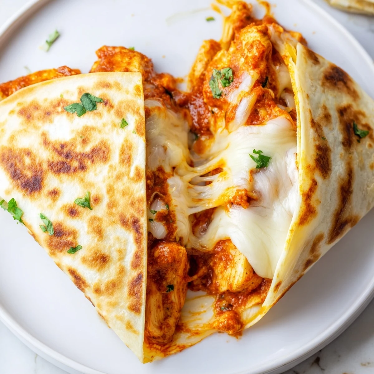 Fresh cilantro garnishes on a plate of cheesy, flavorful butter chicken quesadillas, a delightful fusion meal.