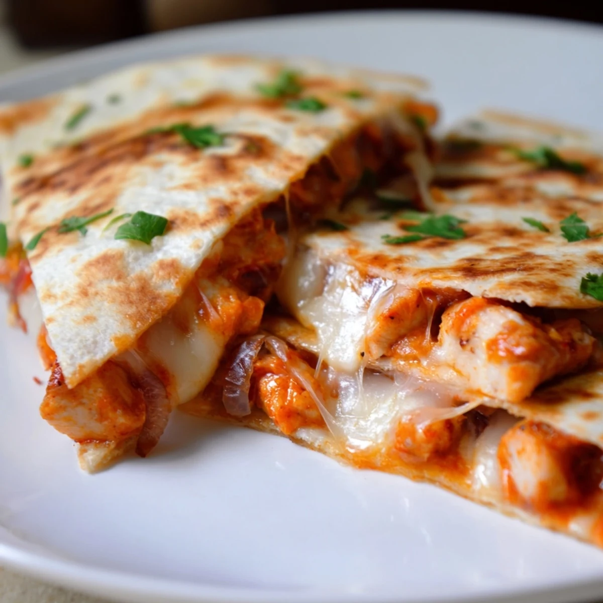 A close-up of a skillet filled with golden-crisp butter chicken quesadillas ready to be devoured.