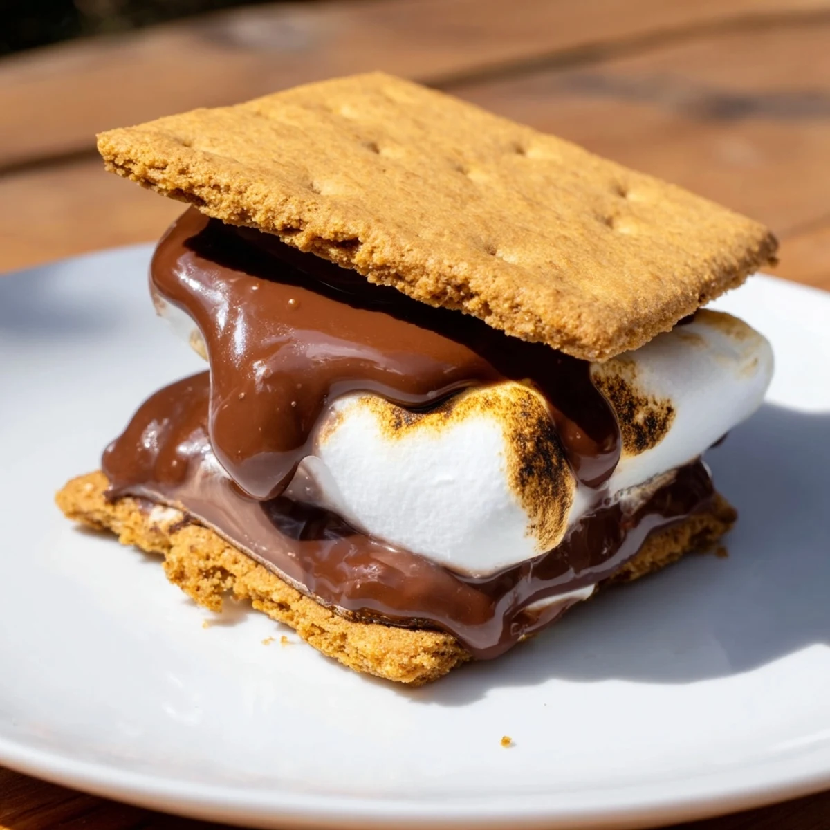 A close-up of Air Fryer S'mores with gooey, melted chocolate and puffed marshmallows ready to serve.