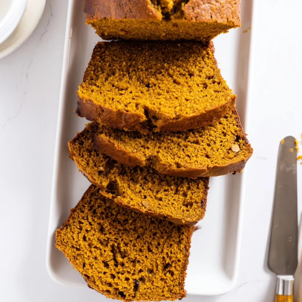 Moist pumpkin bread loaf studded with walnuts and chocolate chips, drizzled with a light glaze.