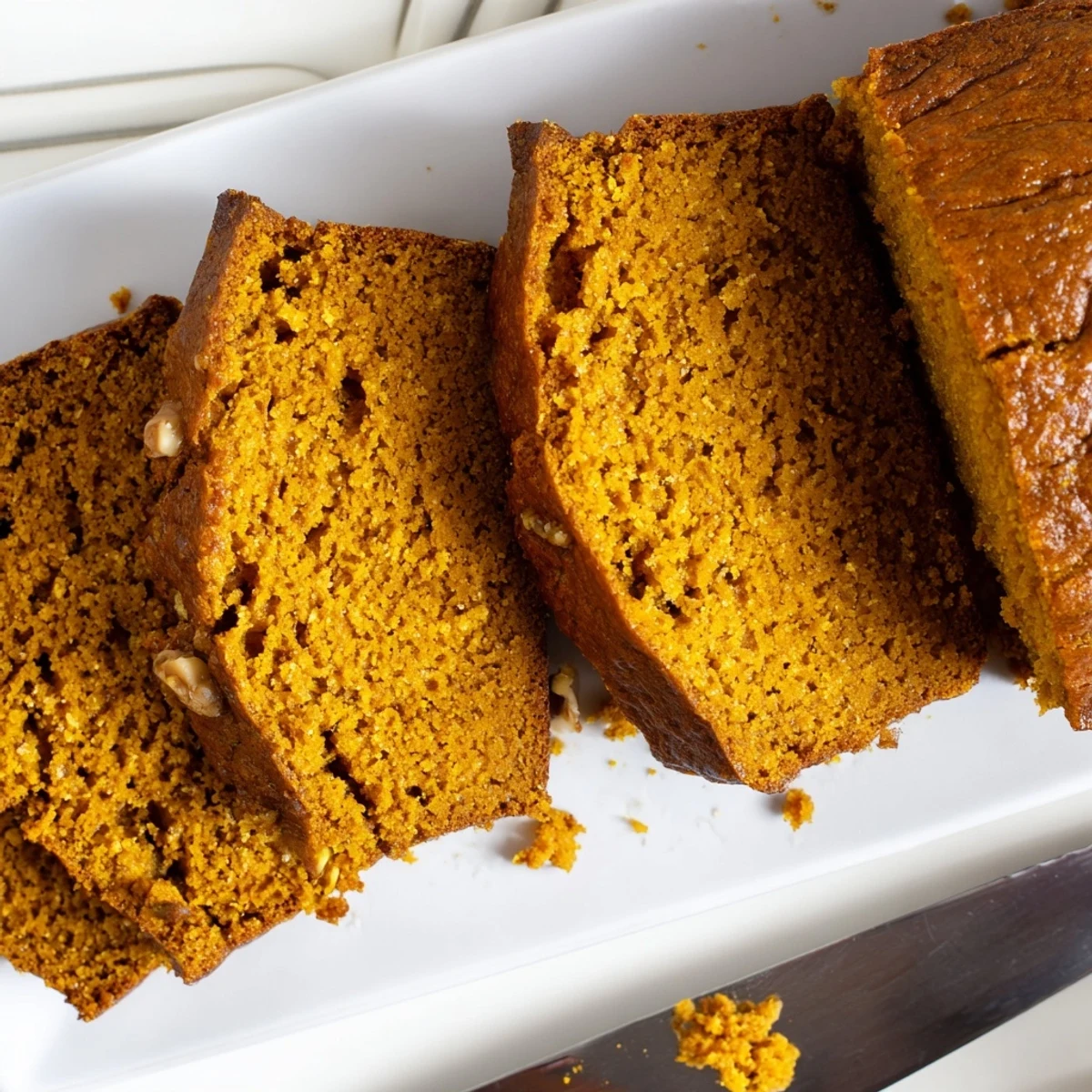 Warmly spiced pumpkin bread loaf resting on a wooden board, steam rising from the tender crumb.