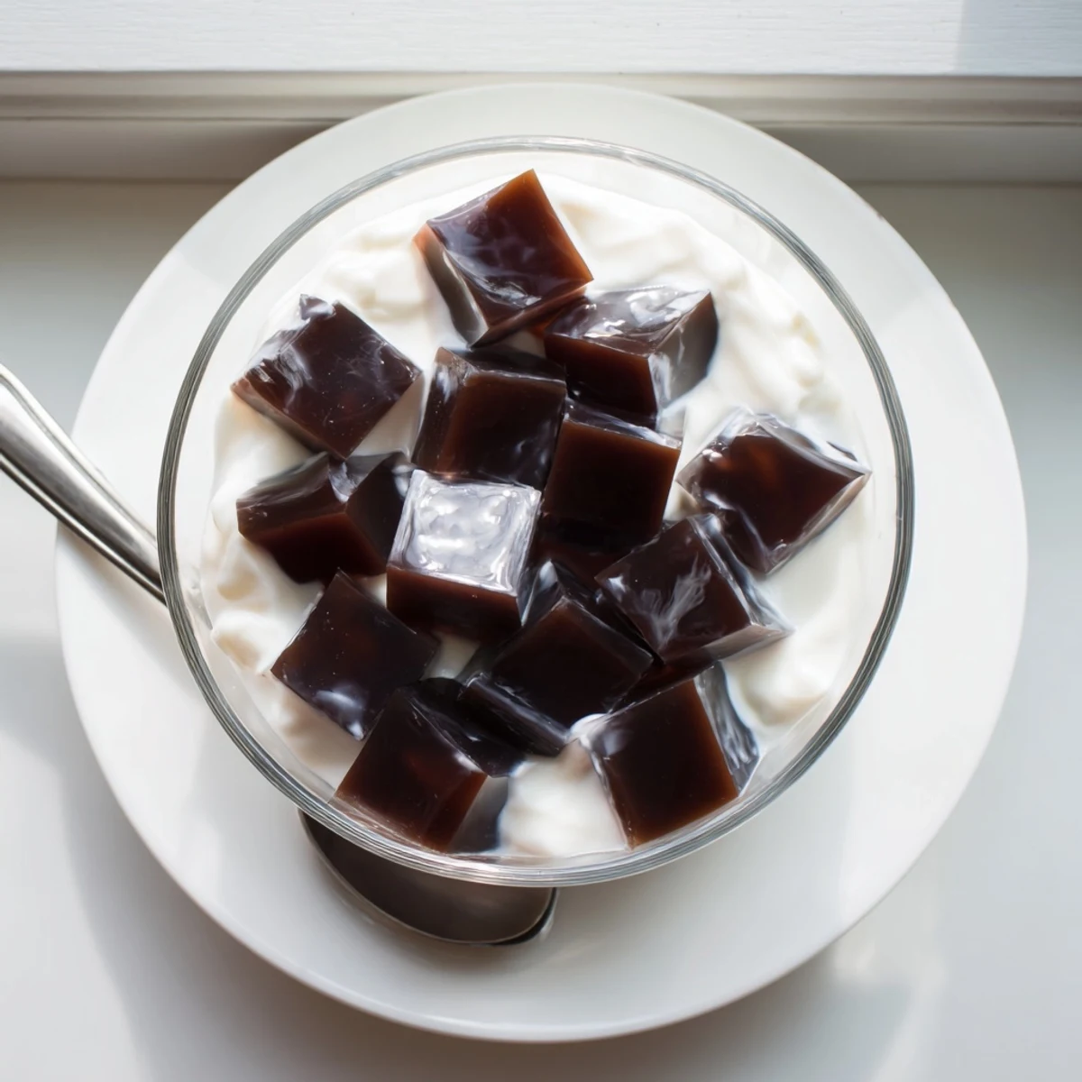 Clear coffee jelly cubes glistening in a shallow dish, ready to be cut and served with sweetened vanilla cream for a refreshing Japanese-inspired dessert.