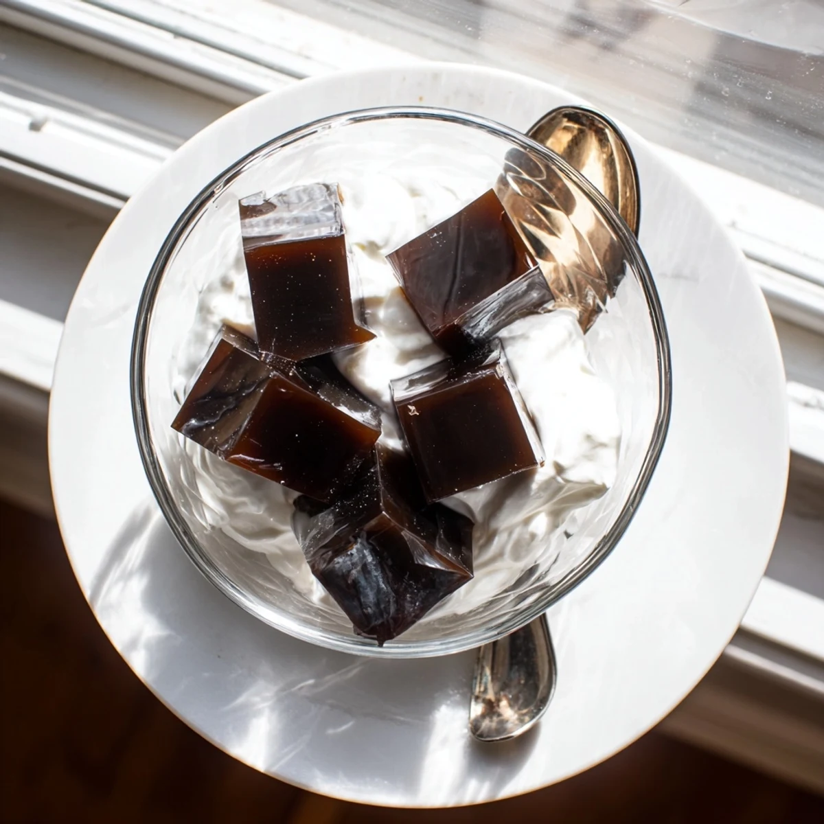 Sweetened cream cascades over chilled coffee jelly cubes in a serving glass, offering a light and elegant treat for coffee lovers.