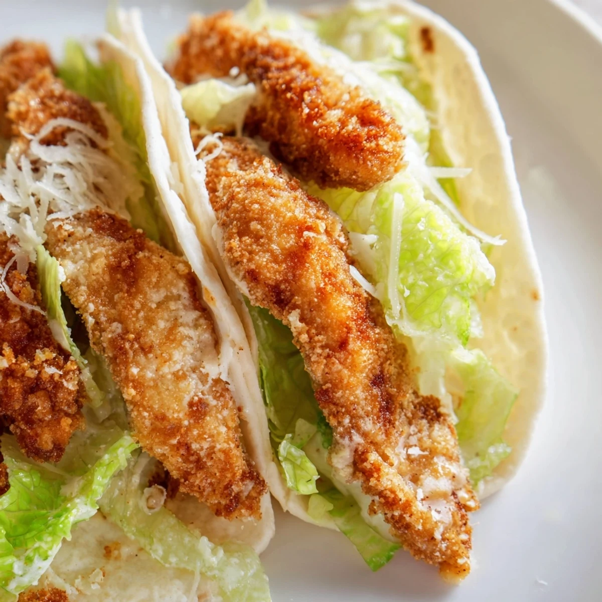 Golden-brown crispy chicken strips layered over crisp romaine lettuce inside a soft flour tortilla with creamy Caesar dressing.