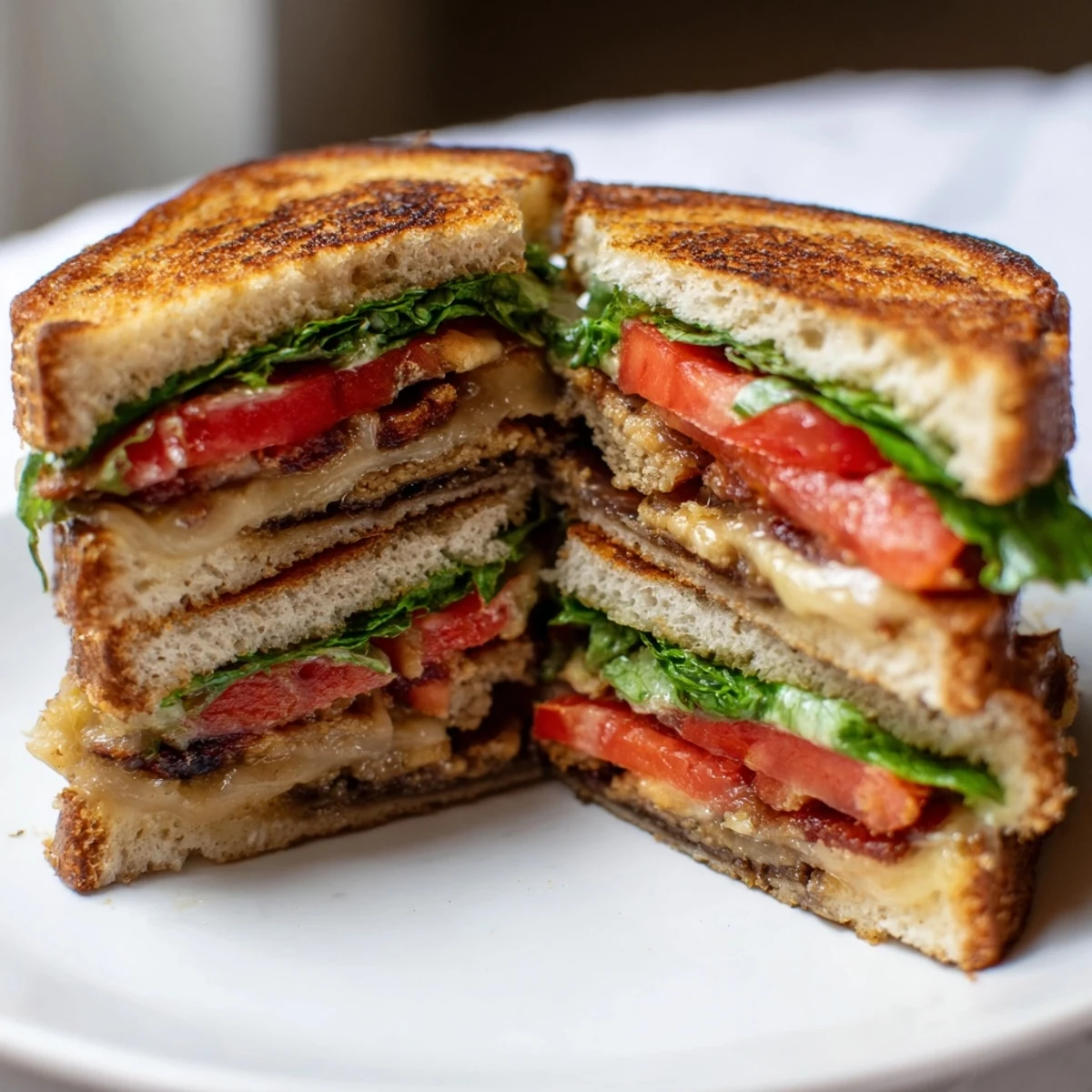 Golden-brown grilled sandwich filled with smoky tempeh bacon, melted vegan cheese, fresh lettuce, and juicy tomato slices.  