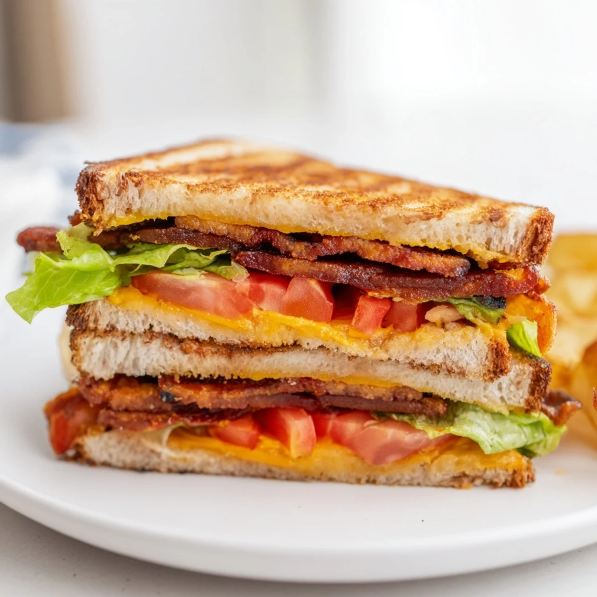 Grilled vegan bacon BLT sandwich with melted cheese, lettuce, and tomato, served on a plate.
