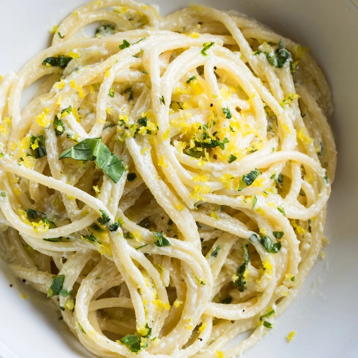 Freshly cooked spaghetti is coated in a creamy lemon ricotta pasta sauce, garnished with basil and extra Parmesan cheese for a vibrant Italian main dish.