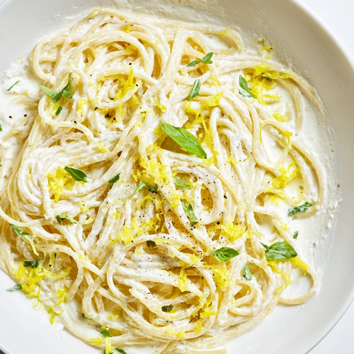 Close-up view of lemon ricotta pasta topped with grated Parmesan and chopped fresh herbs, served in a white bowl ready for a light lunch or dinner.