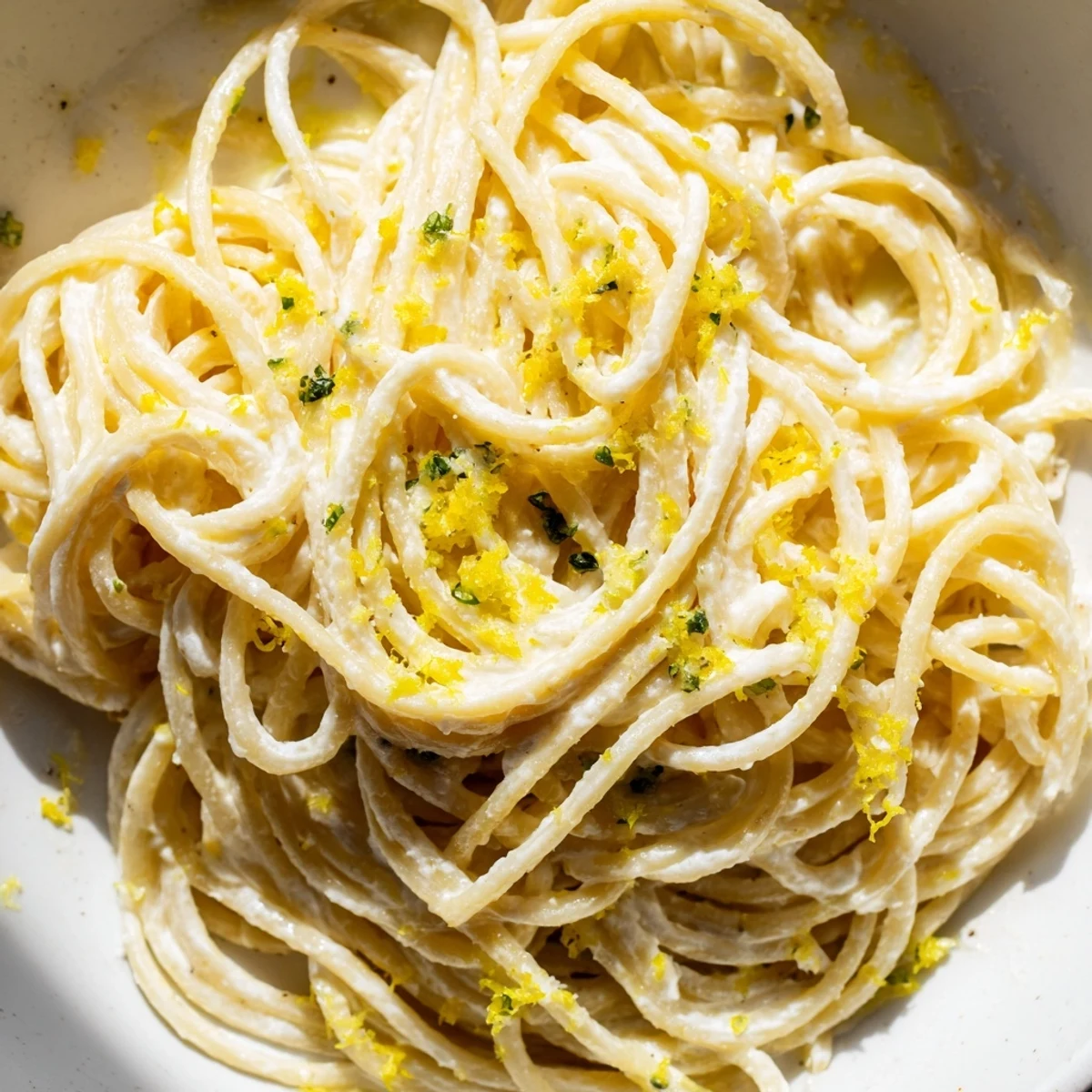 Steam rises from a bowl of bright lemon ricotta pasta as a fork lifts cheesy spaghetti strands, highlighting the zesty and creamy texture of the dish.