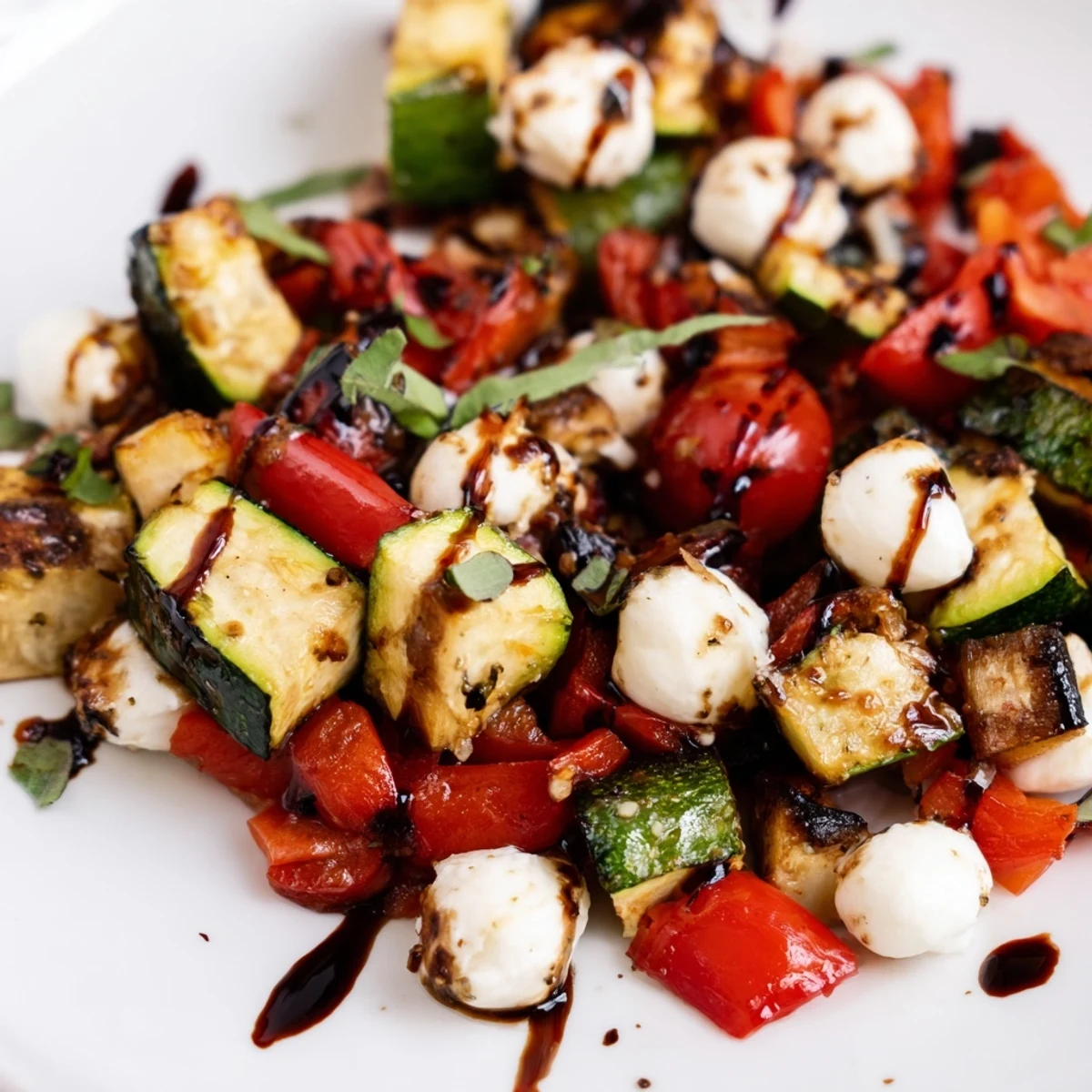 Fresh roasted zucchini, bell peppers, and red onion tossed with mozzarella pearls and basil in a Roasted Veggie Caprese Salad.