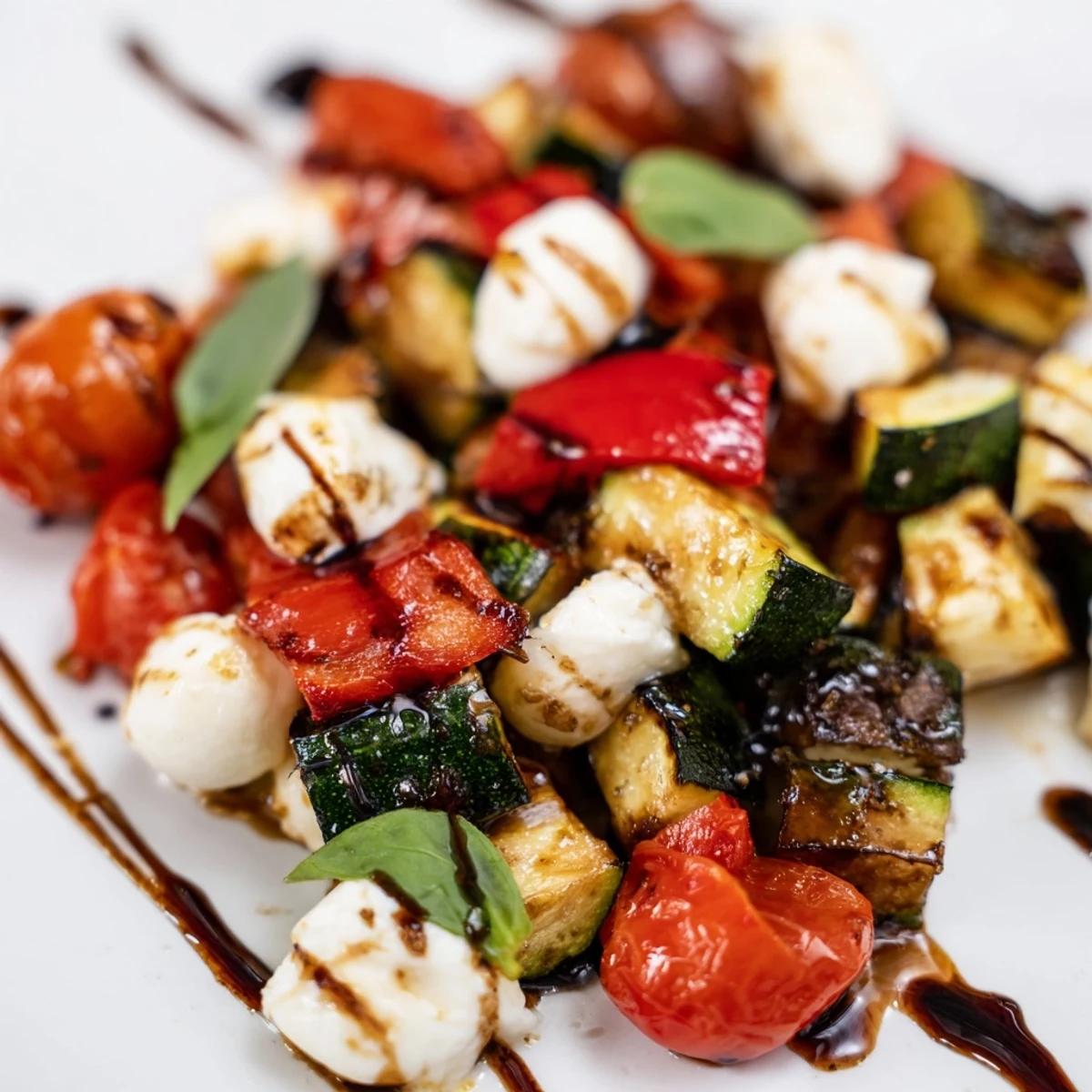 Serving Roasted Veggie Caprese Salad warm from the oven, featuring juicy tomatoes, creamy mozzarella, and fresh torn basil garnish.