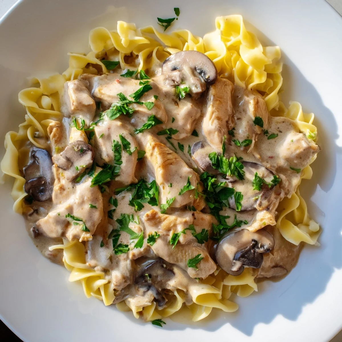 A close-up of creamy chicken and mushroom stroganoff served over buttery egg noodles, garnished with fresh parsley.