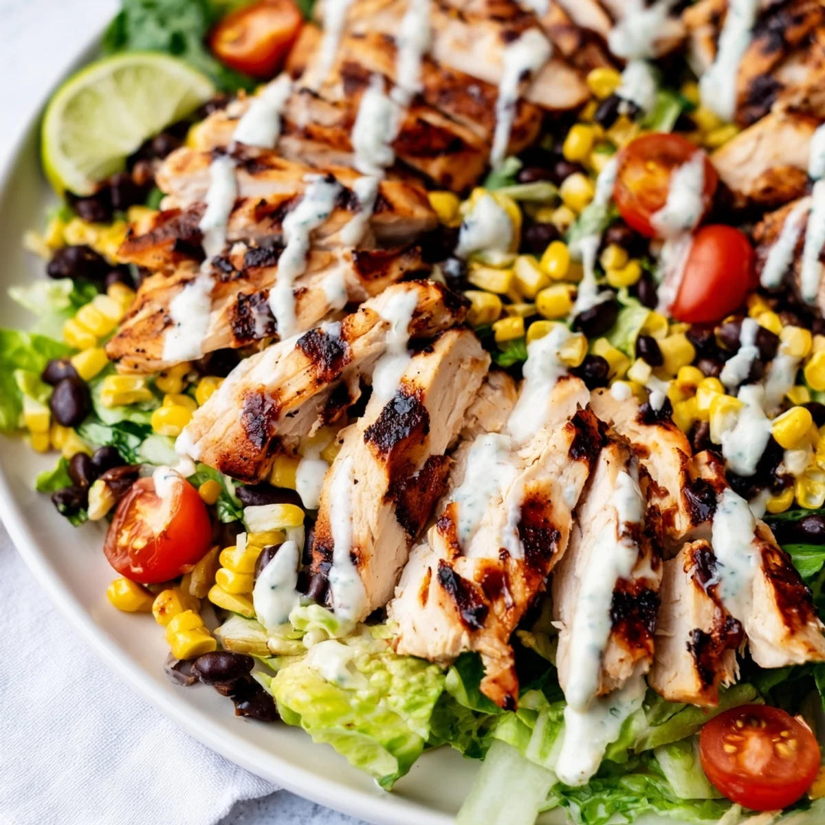 Grilled BBQ chicken slices rest atop a crisp romaine salad with corn, black beans, and creamy ranch drizzle.