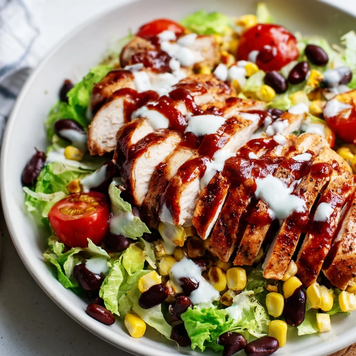 A hearty BBQ Chicken Salad features vibrant cherry tomatoes and red onion for a fresh, smoky flavor.