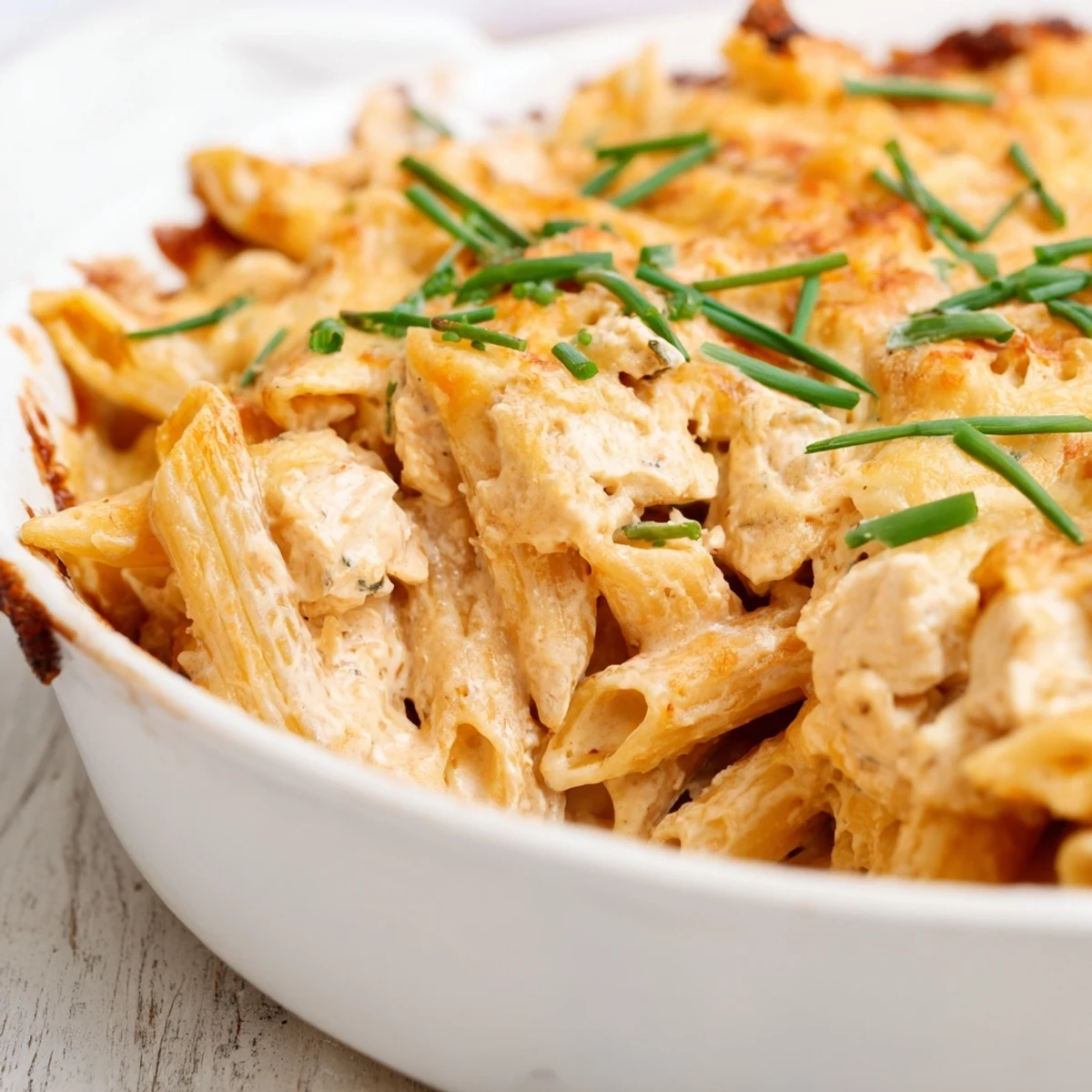 Hearty Chicken Ranch Pasta Bake casserole with penne, creamy sauce, and melted cheese, perfect for family dinner.  