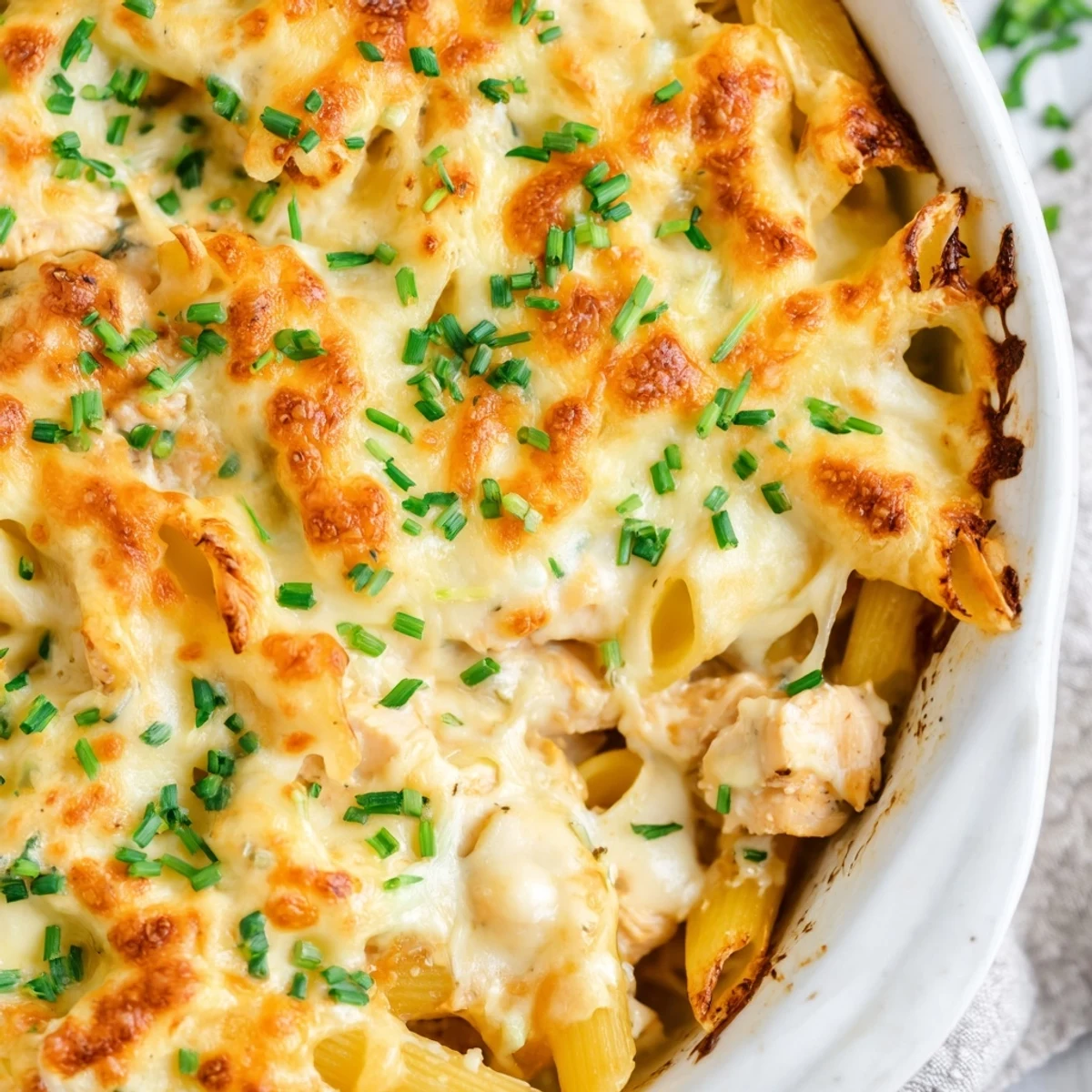 Sizzling Chicken Ranch Pasta Bake fresh from the oven, topped with parmesan and garnished with green onions.