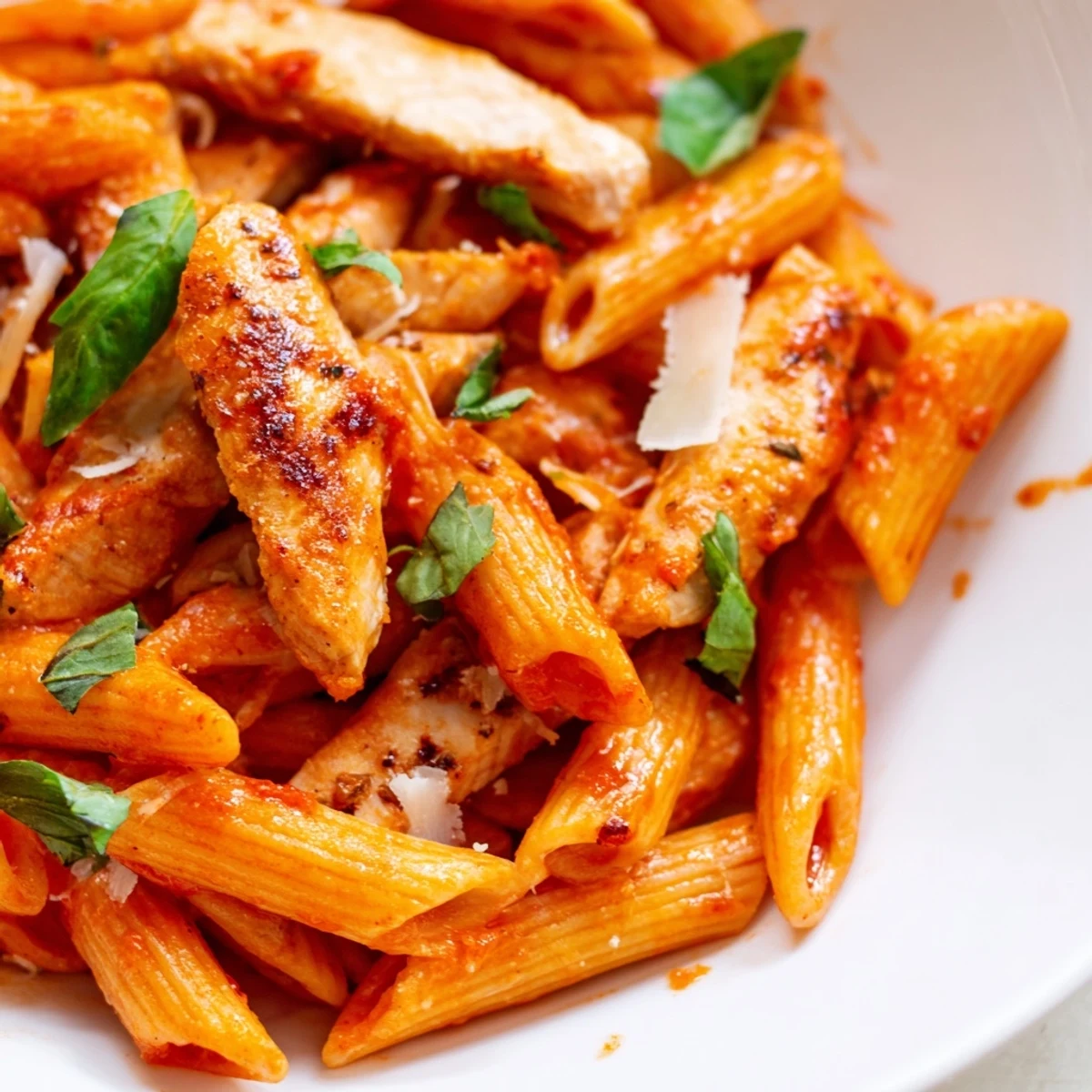 A close-up of steaming Spicy Tomato Chicken Pasta in a white bowl, featuring seared chicken strips and fresh basil garnish on penne pasta.  