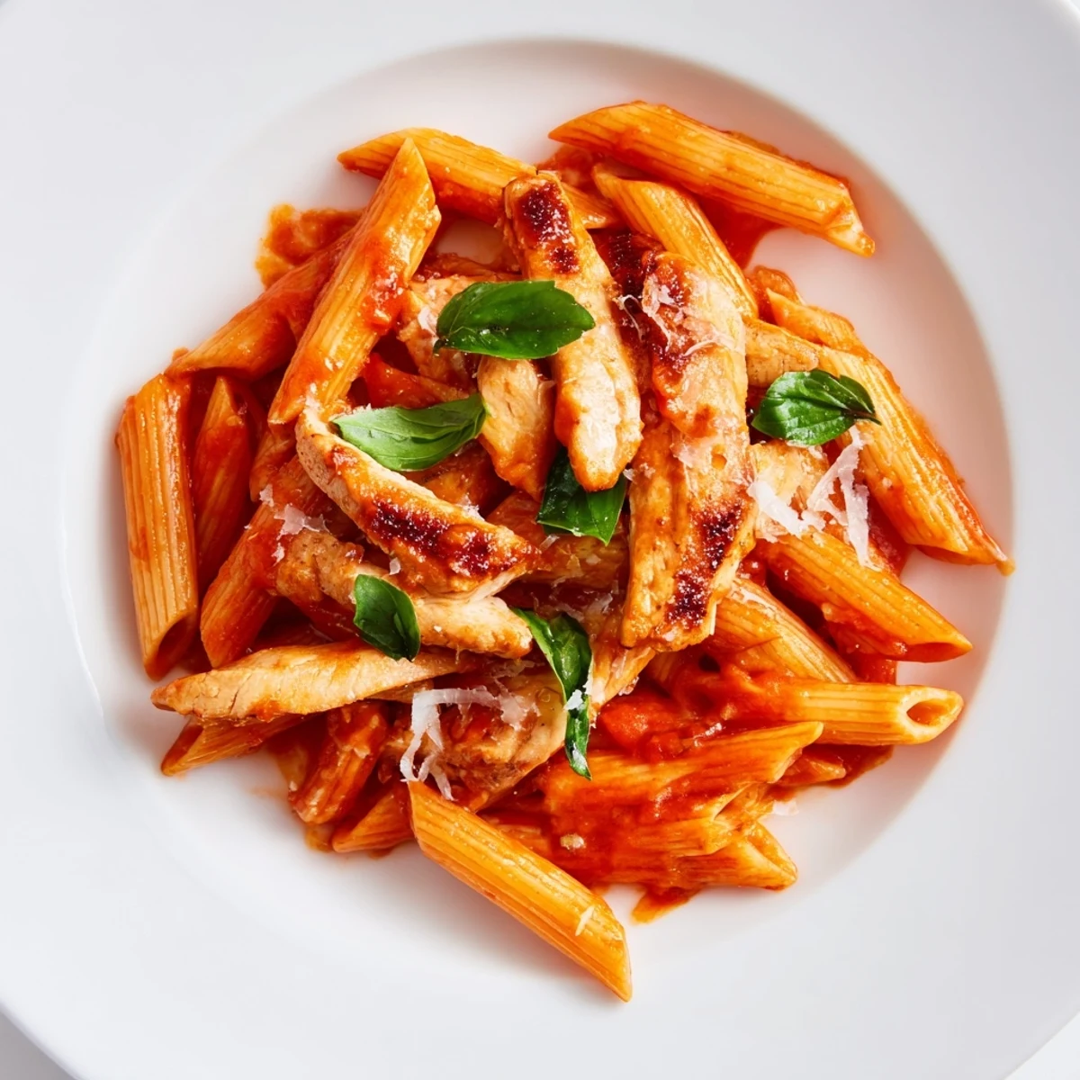 Steaming plate of Spicy Tomato Chicken Pasta with juicy chicken pieces, fresh basil, and grated Parmesan cheese on top.