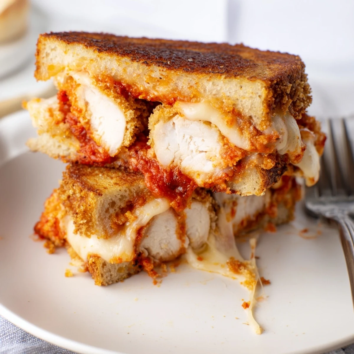 Golden-brown Chicken Parm Grilled Cheese sandwich with melted mozzarella and zesty marinara oozing from between crispy bread.