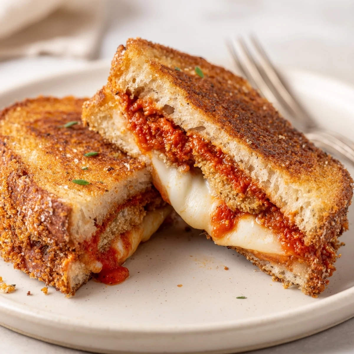 Sliced Chicken Parm Grilled Cheese on a wooden board, ready to serve with a side of warm marinara.