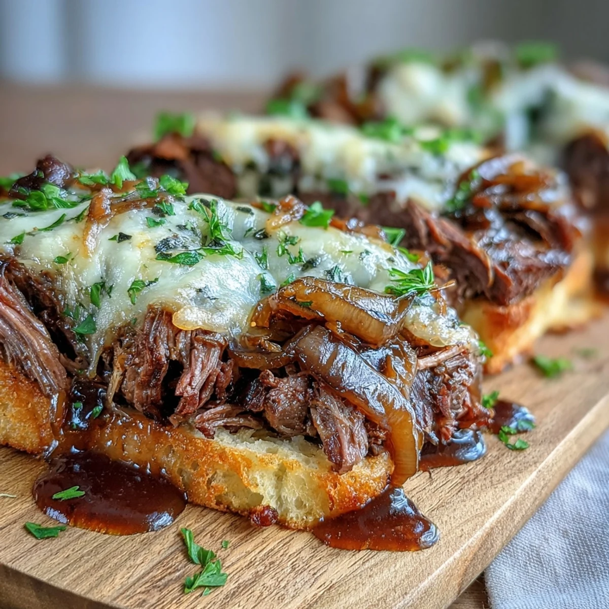 Tender Savory Crock Pot French Onion Pot Roast served with sweet caramelized onions and rich beef jus.
