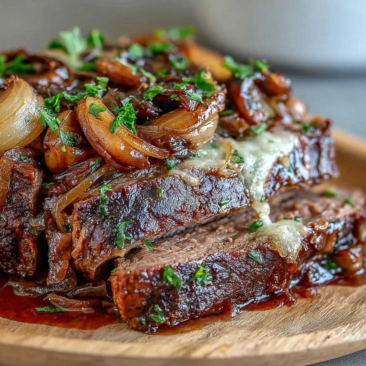 Savory Crock Pot French Onion Pot Roast with gooey Gruyere and onions, perfect over creamy mashed potatoes.