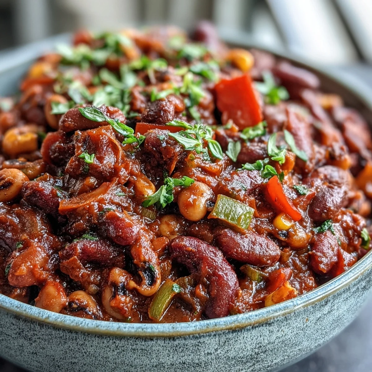Close-up of a hearty Black-Eyed Pea Chili simmering in a pot with vibrant red bell peppers and corn. Steam rises from the thick, spiced stew.