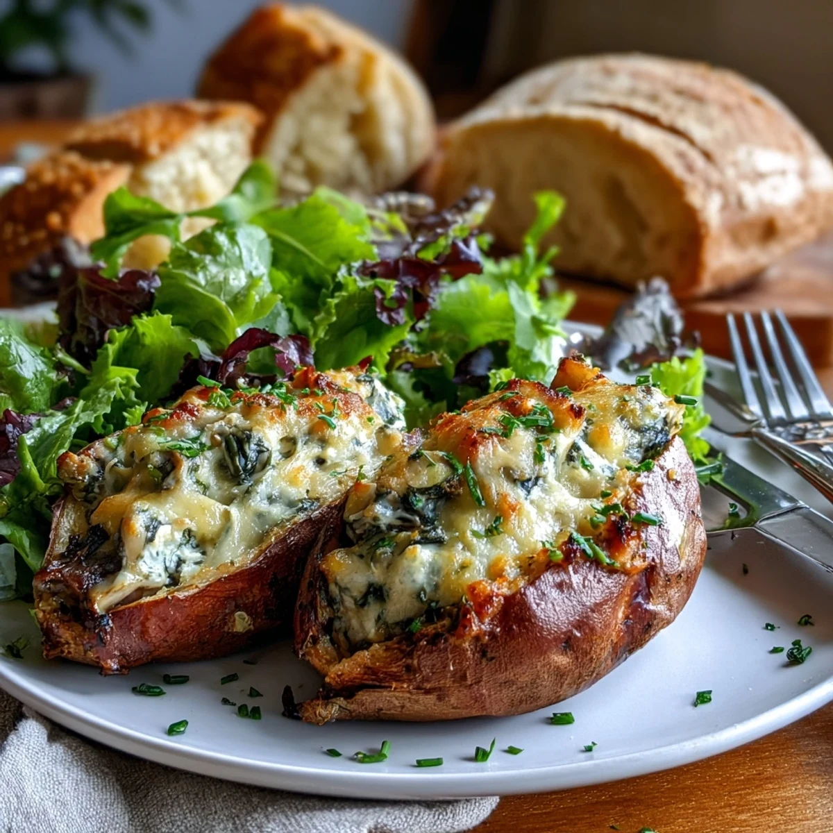 Tender baked sweet potato skins filled with a savory blend of garlic, earthy mushrooms, fresh spinach, and gooey mozzarella, creating a vibrant and comforting vegetarian dinner.