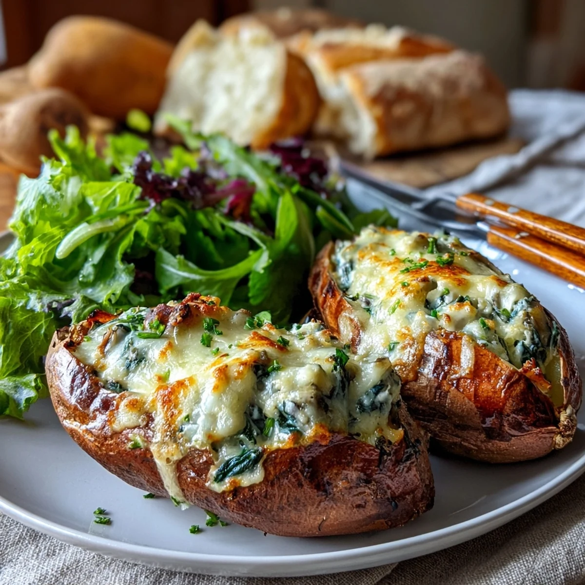 Golden-brown roasted sweet potatoes sliced open and generously stuffed with a creamy mixture of sautéed mushrooms, wilted spinach, and melted cheese, served hot on a rustic plate.