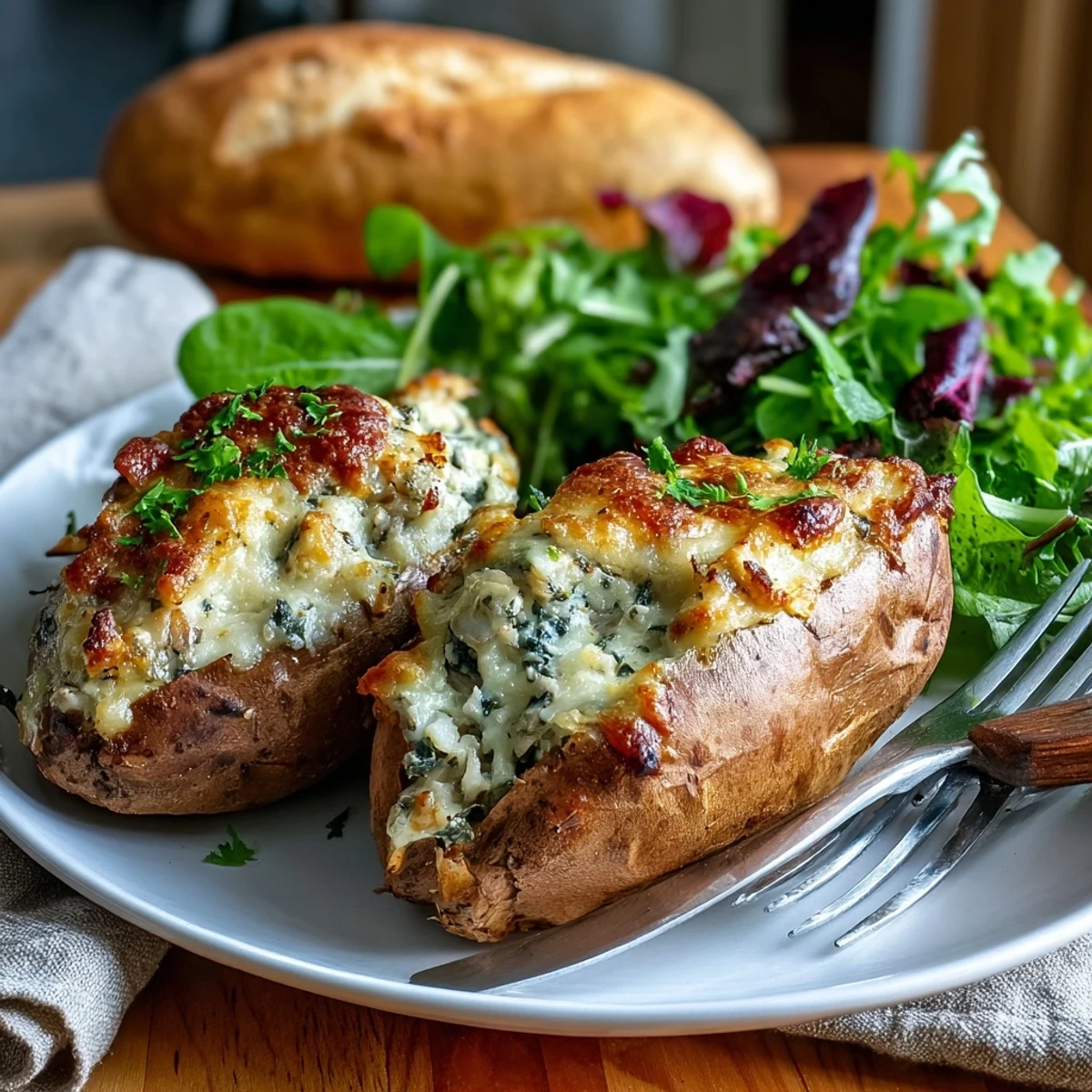 Freshly roasted sweet potatoes loaded with a rich, cheesy mushroom and spinach filling, topped with bubbly golden-brown cheese and ready to serve as a gluten-free main dish.