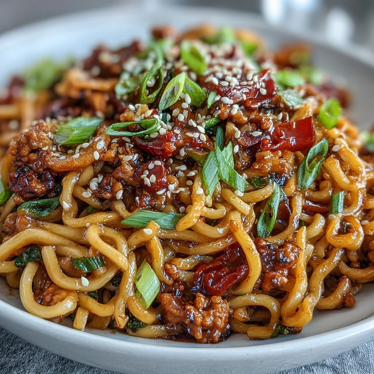 Hot Korean Turkey Fried Noodles with bouncy noodles and colorful vegetables in a spicy glaze.