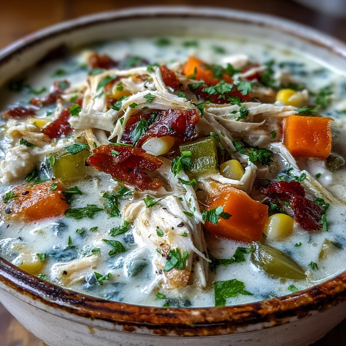 Creamy Ranch Chicken Veggie Soup simmers with tender shredded chicken, potatoes, corn, and fresh herbs in a rich, savory broth.