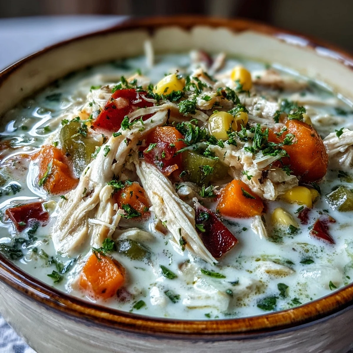 Hearty bowl of Ranch Chicken Veggie Soup topped with parsley, featuring colorful vegetables in a creamy, golden chowder-like base.