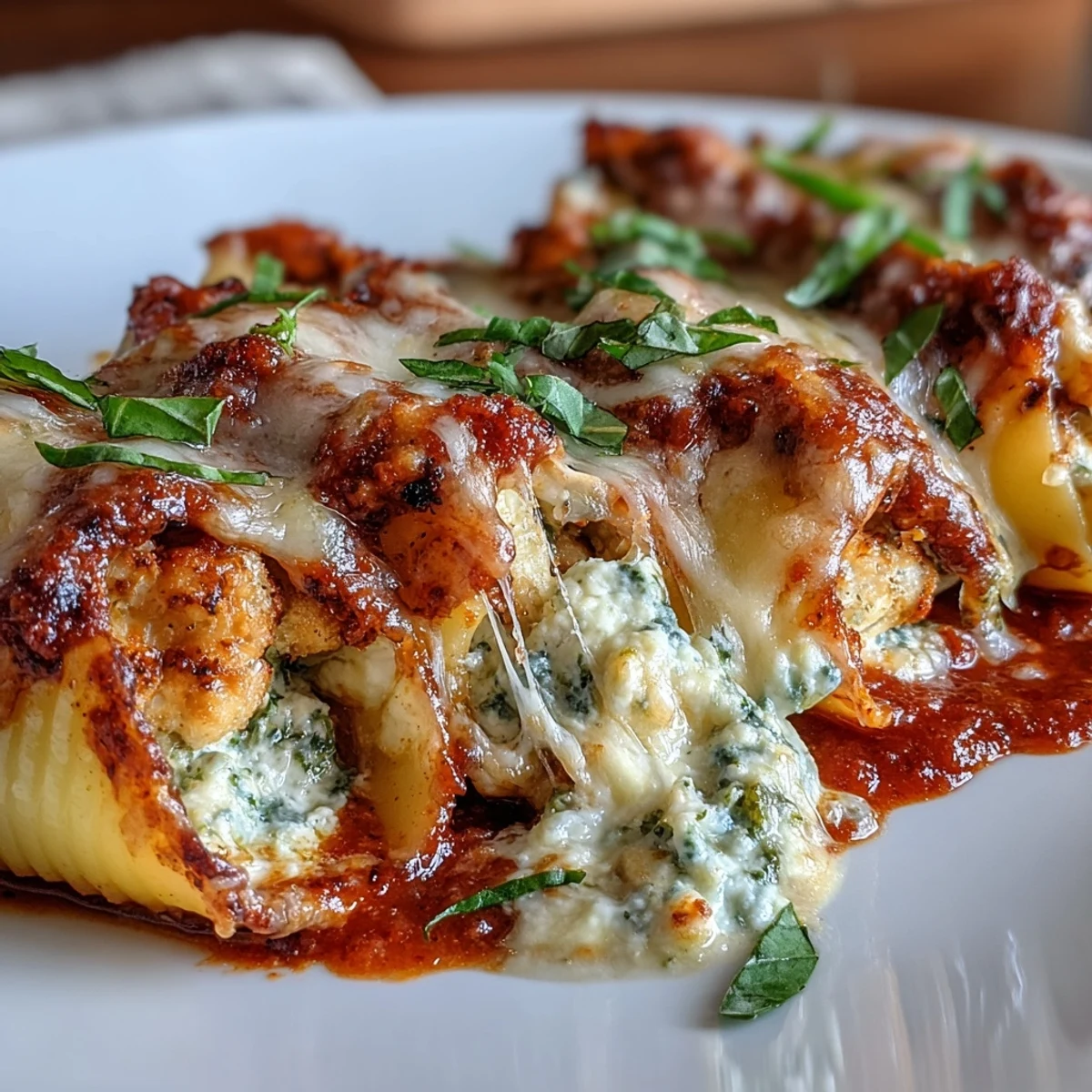 Pesto Lasagna Stuffed Shells arranged in a baking dish with rich marinara sauce ready to serve.