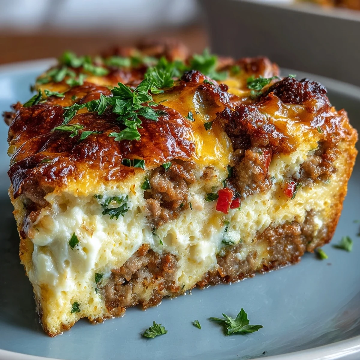 Fork taking a cheesy bite of Keto Sausage and Egg Breakfast Bake with Peppers, showing fluffy interior.