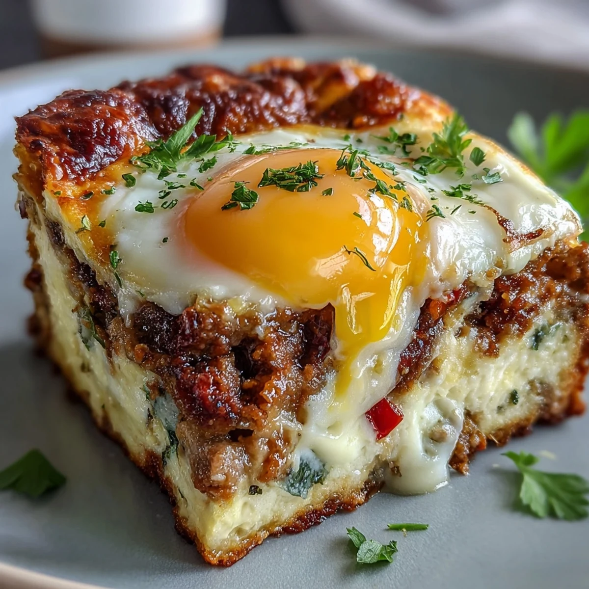 Keto Sausage and Egg Breakfast Bake with Peppers served on a white plate, garnished with fresh parsley.